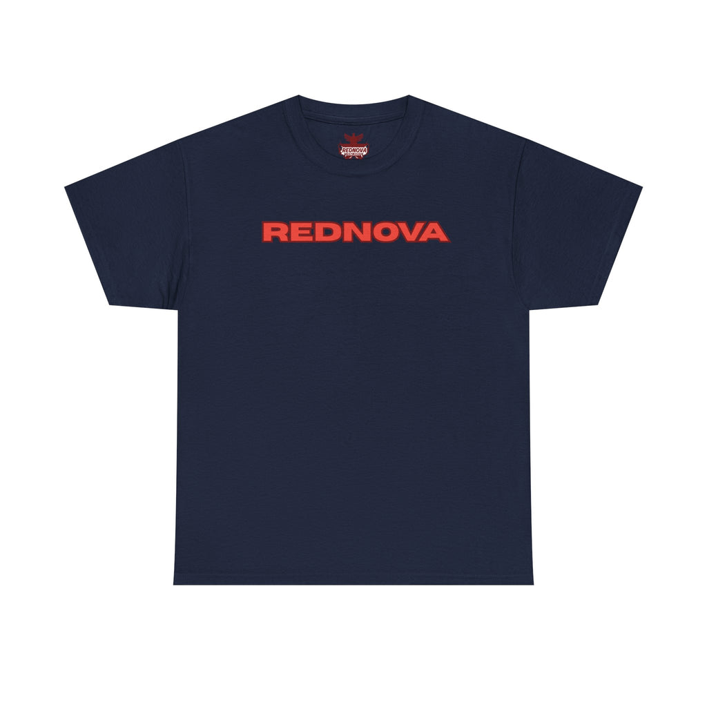Rednova Star Tee — White Graphic T-Shirt with Retro Logo & Backburst Design