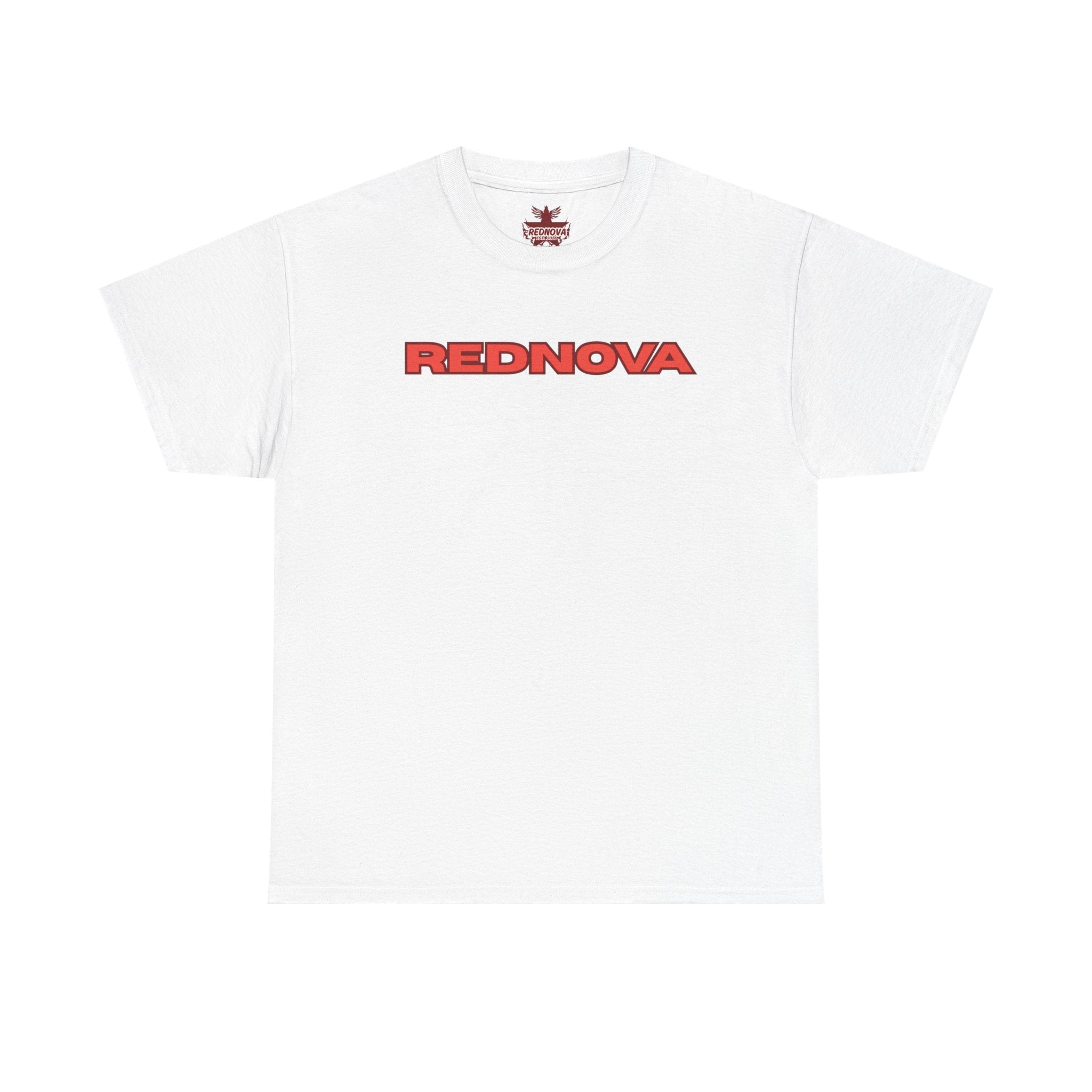 Rednova Star Tee — White Graphic T-Shirt with Retro Logo & Backburst Design