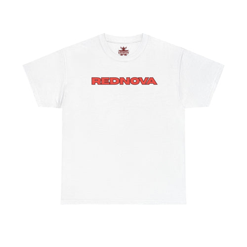 Rednova Star Tee — White Graphic T-Shirt with Retro Logo & Backburst Design
