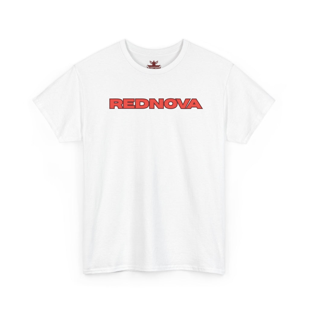 Rednova Star Tee — White Graphic T-Shirt with Retro Logo & Backburst Design