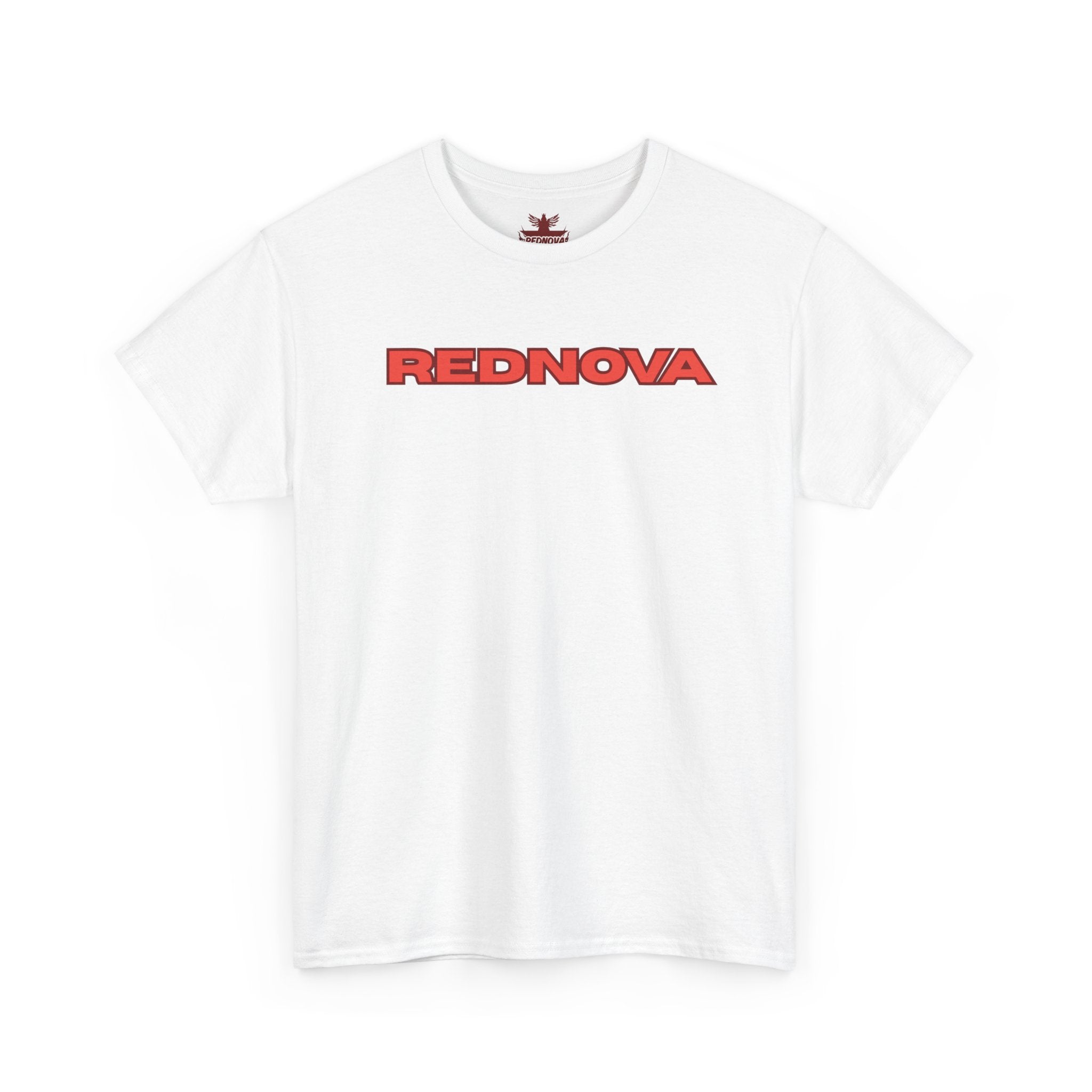 Rednova Star Tee — White Graphic T-Shirt with Retro Logo & Backburst Design