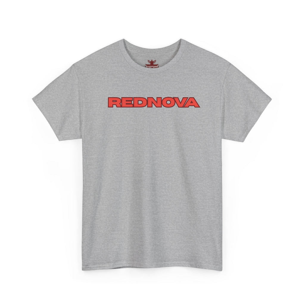 Rednova Star Tee — White Graphic T-Shirt with Retro Logo & Backburst Design